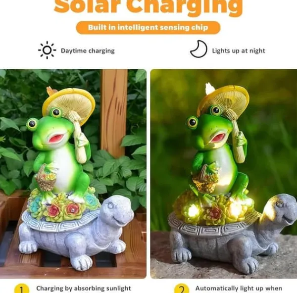 Havedekorationer^OBOSOE Solar Lampe Have Ornament Skildpadde & Frø – Udendørs Statue til Patio & Balkon