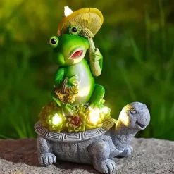 Havedekorationer^OBOSOE Solar Lampe Have Ornament Skildpadde & Frø – Udendørs Statue til Patio & Balkon