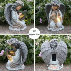 Havedekorationer^OBOSOE soldrevet englestatue med harpe have dekoration led lys udendørs figur til have og balkon