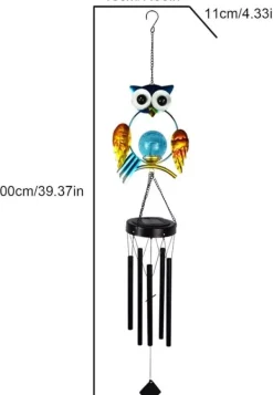 Vinddekoration^OBOSOE soldrevet vindklokke med ugle – 100 cm vandafvisende metalhavedekoration til udendørs brug