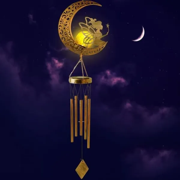 Vinddekoration^OBOSOE Solpowerad Moon Fairy Wind Chime med plettet glaskugle - Varm Testimony Wind Chime | Havepynt til veranda og græsplæne | Mindegave
