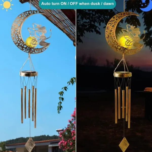 Vinddekoration^OBOSOE Solpowerad Moon Fairy Wind Chime med plettet glaskugle - Varm Testimony Wind Chime | Havepynt til veranda og græsplæne | Mindegave