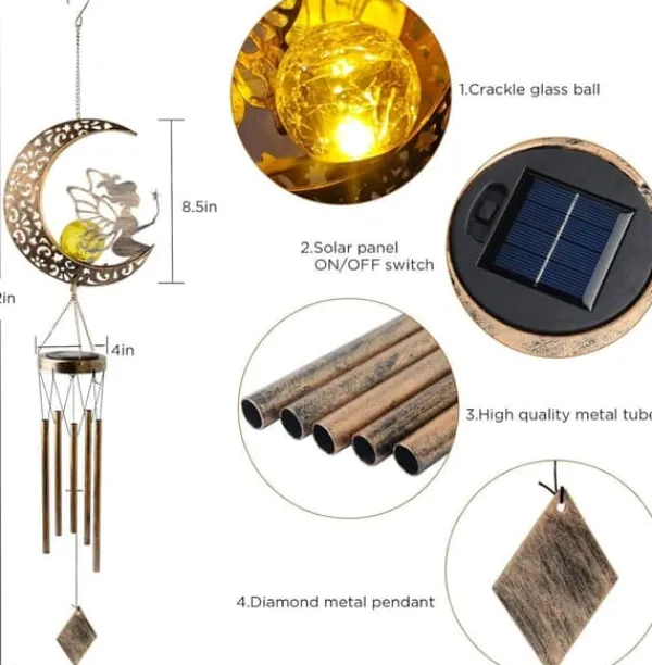 Vinddekoration^OBOSOE Solpowerad Moon Fairy Wind Chime med plettet glaskugle - Varm Testimony Wind Chime | Havepynt til veranda og græsplæne | Mindegave