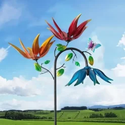 Vinddekoration^OBOSOE vinddrevet blomstervindmølle – farverig havedekoration, haveornament, udendørs skulptur