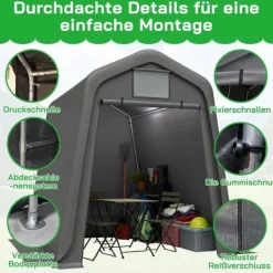 Skure, Garager & Carports^Opbevaringsskur 245x183x217 cm grå – alsidig som redskabsskur, cykelskur eller carport, vandafvisende PE-materiale med rullegardiner