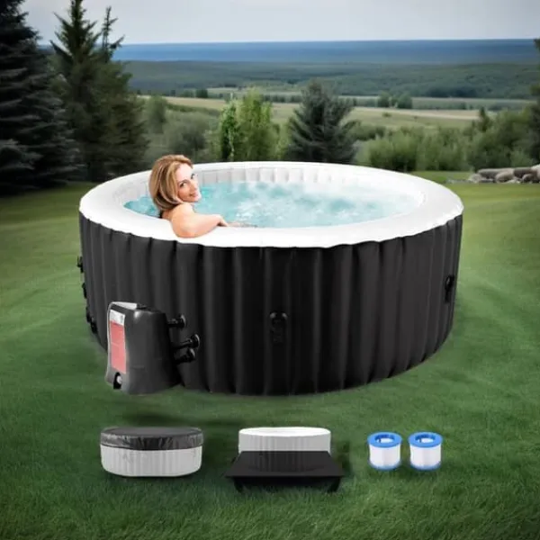 Spa & Udendørsbad^Oppustelig oval spa med LED-belysning – 2 personer – 90 bobledyser – 2400W – Ø 180 x 120 x 65 cm – Inklusive overtræk, bund og filterpumpe