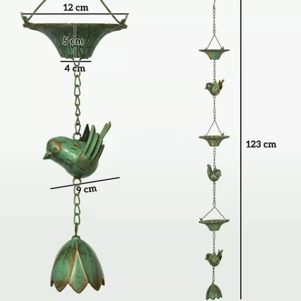 Online Outsunny 3 stk. Grøn Regnkæde i Metal - 123cm - Med Kolibri & Lotusklokke Dekoration - Til Tagrender Havedekorationer