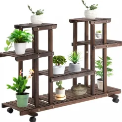 Best Outsunny Blomsterreol i Grantræ - Forkullet, 123,5x33x80cm, 4 niveauer Plantestativer