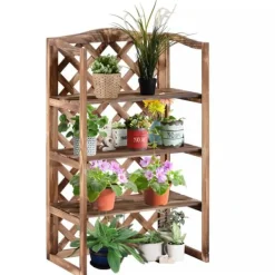 Online Outsunny Blomsterstativ i grantræ, 3 etager, natur, 75x38x120cm Plantestativer