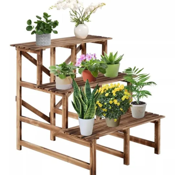 Hot Outsunny Blomstertrappe i Fyrretræ - 3 Trin - Natur - 80 x 80 x 78 cm Plantestativer