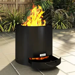 Discount Outsunny Bålsted Ø45 x 42cm i Sort Stål med Ildrager og Askeskuffe - Perfekt til Have, Altan, Terrasse Brændeovne