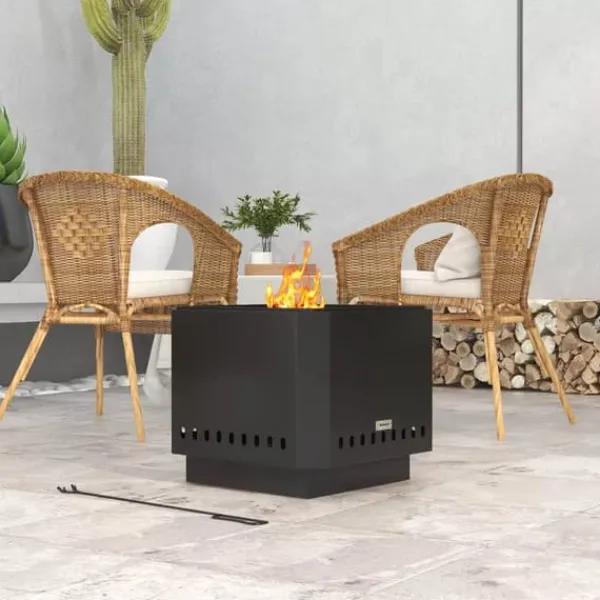 Pejse^Outsunny Bordfod, Firkantet Brandskål, Røgfribrandkurv med Ildrager, Bordild til Have, Camping, Terrasse, Metal, Sort