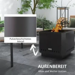 Pejse^Outsunny Bordfod, Firkantet Brandskål, Røgfribrandkurv med Ildrager, Bordild til Have, Camping, Terrasse, Metal, Sort