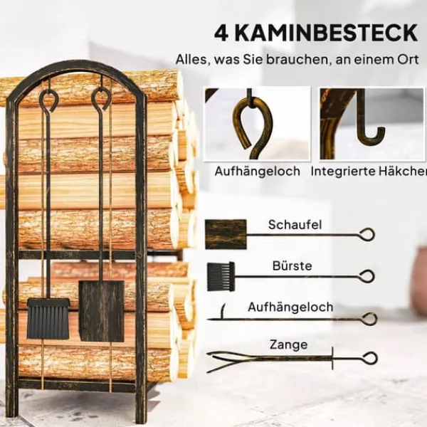 Outlet Outsunny Brndestativ 43x30x74cm Espressobrun Metal med 4 pejsevrktj Tilbehør Til Brændeovne & Pejse