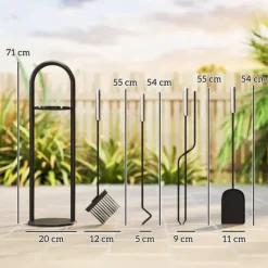 Tilbehør Til Brændeovne & Pejse^Outsunny 5-delt pejsredskabssæt i sort metal: kost, skovl, ildrager, tang og stativ