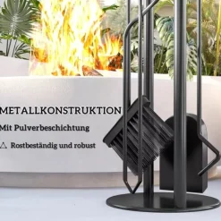 Tilbehør Til Brændeovne & Pejse^Outsunny 5-delt pejsredskabssæt i sort metal: kost, skovl, ildrager, tang og stativ