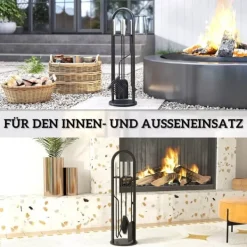 Tilbehør Til Brændeovne & Pejse^Outsunny 5-delt pejsredskabssæt i sort metal: kost, skovl, ildrager, tang og stativ