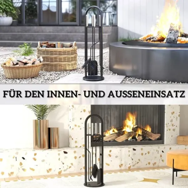 Tilbehør Til Brændeovne & Pejse^Outsunny 5-delt pejsredskabssæt i sort metal: kost, skovl, ildrager, tang og stativ