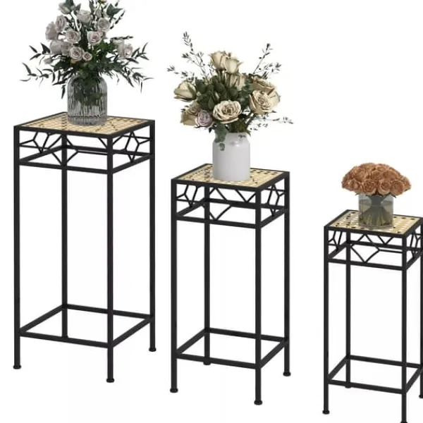 Online Outsunny 3-delt stabelbart plantestativ blomsterbord blomsterholder med rattan-look plantestativ til have altan metal guld Plantestativer