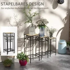 Online Outsunny 3-delt stabelbart plantestativ blomsterbord blomsterholder med rattan-look plantestativ til have altan metal guld Plantestativer