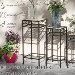 Online Outsunny 3-delt stabelbart plantestativ blomsterbord blomsterholder med rattan-look plantestativ til have altan metal guld Plantestativer