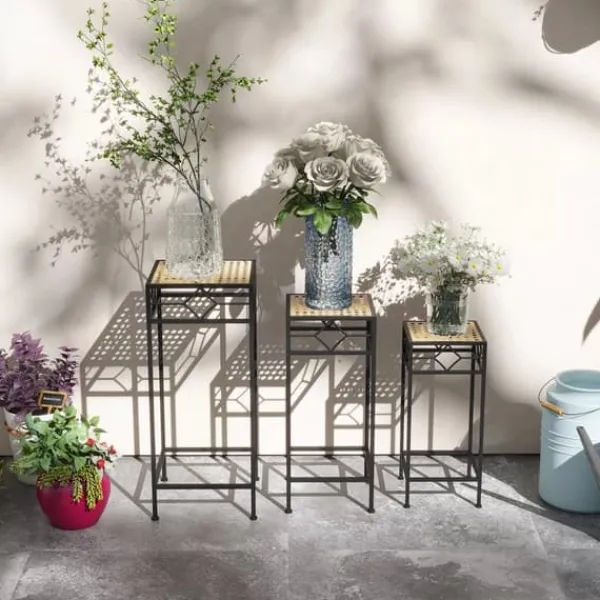 Online Outsunny 3-delt stabelbart plantestativ blomsterbord blomsterholder med rattan-look plantestativ til have altan metal guld Plantestativer