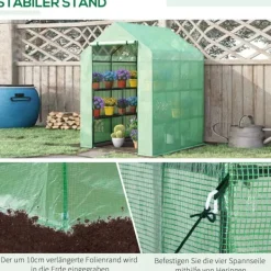 Drivhus^Outsunny Drivhus, Gennemgangsdesign med Rulledør, 8 Hylder, Stål/PE Plast, Mørkegrøn