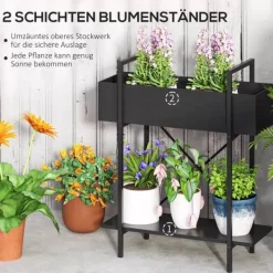Plantestativer^Outsunny 2-etagers plantestativ i sort metal, 70 cm høj, til indendørs og udendørs brug, blomsterhylde til stue, have, altan