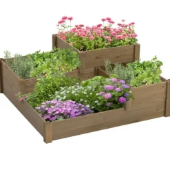 Plantningsbænke^Outsunny H&aeligbed med 3 niveauer i fyrretr&aelig som er brun og har et ruminddelt design til urter og gr&aeligntsager, 122 x 122 x 51 cm