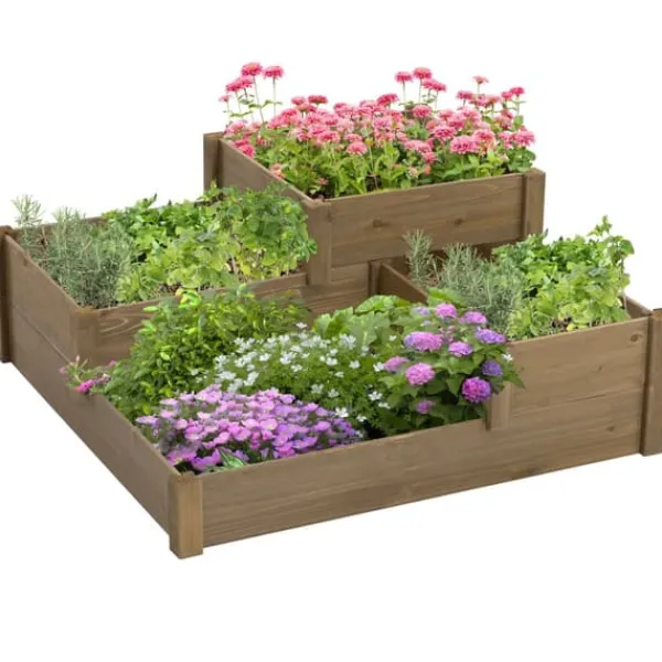 Plantningsbænke^Outsunny Hæbed med 3 niveauer i fyrretræ som er brun og har et ruminddelt design til urter og græntsager, 122 x 122 x 51 cm