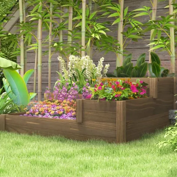 Plantningsbænke^Outsunny Hæbed med 3 niveauer i fyrretræ som er brun og har et ruminddelt design til urter og græntsager, 122 x 122 x 51 cm
