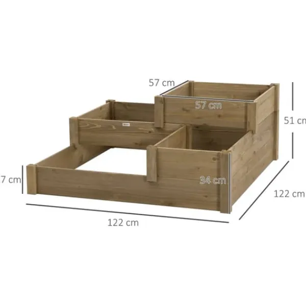 Plantningsbænke^Outsunny Hæbed med 3 niveauer i fyrretræ som er brun og har et ruminddelt design til urter og græntsager, 122 x 122 x 51 cm
