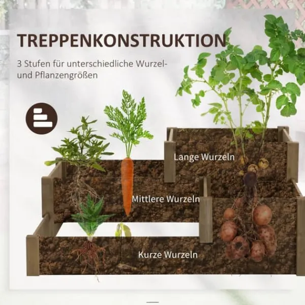 Plantningsbænke^Outsunny Hæbed med 3 niveauer i fyrretræ som er brun og har et ruminddelt design til urter og græntsager, 122 x 122 x 51 cm