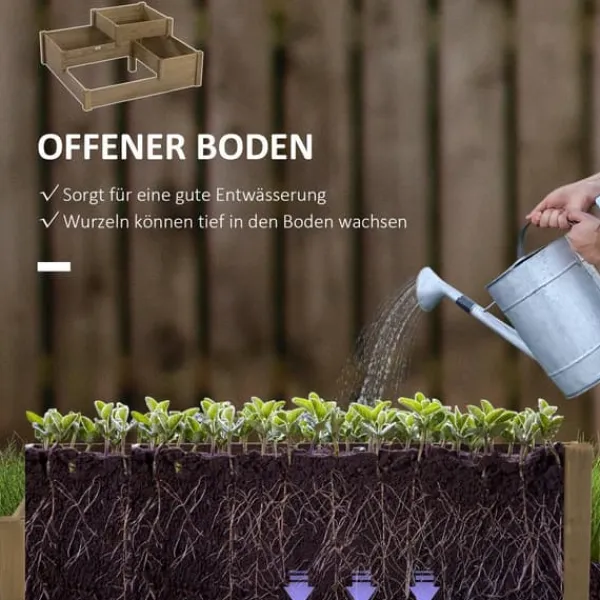 Plantningsbænke^Outsunny Hæbed med 3 niveauer i fyrretræ som er brun og har et ruminddelt design til urter og græntsager, 122 x 122 x 51 cm