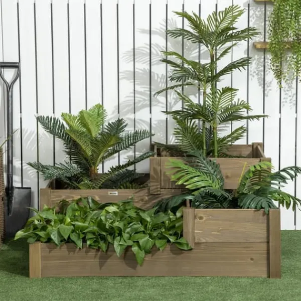Plantningsbænke^Outsunny Hæbed med 3 niveauer i fyrretræ som er brun og har et ruminddelt design til urter og græntsager, 122 x 122 x 51 cm