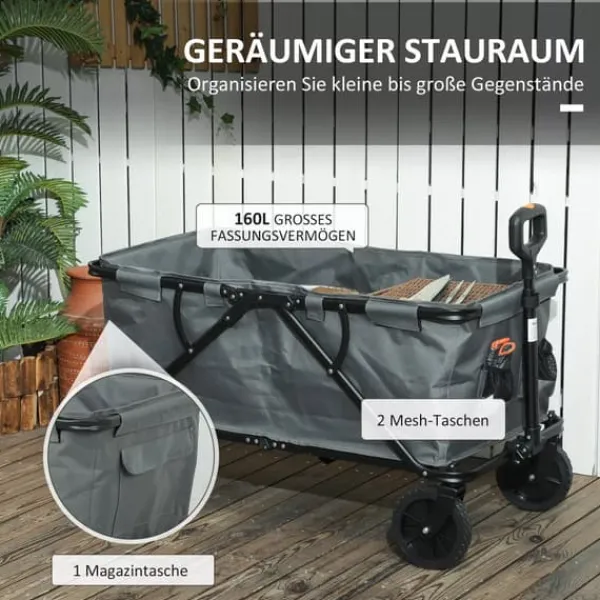 Outsunny Havevogn 160L, foldbar transportvogn med aftagelig presenning, teleskophåndtag, 360° hjul, 120 kg kapacitet, mørkegrå polyester Haveværktøj
