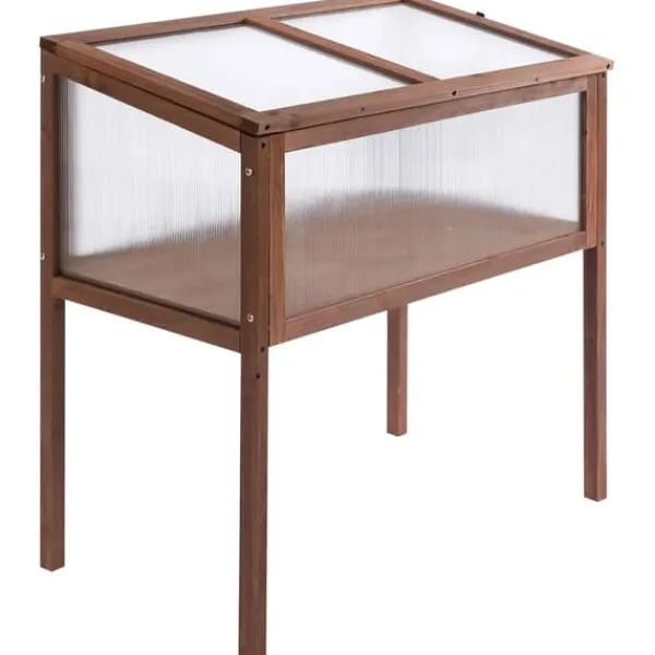 Drivhus^Outsunny højbed i træ, tidligt bed, dyrkningsbord, krydderurtebed, plantekasse til have, altan og terrasse, brun, fyrretræ, PC-plade, 90 x 50 x 93 cm | CDON
