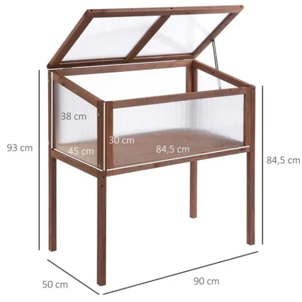 Drivhus^Outsunny højbed i træ, tidligt bed, dyrkningsbord, krydderurtebed, plantekasse til have, altan og terrasse, brun, fyrretræ, PC-plade, 90 x 50 x 93 cm | CDON