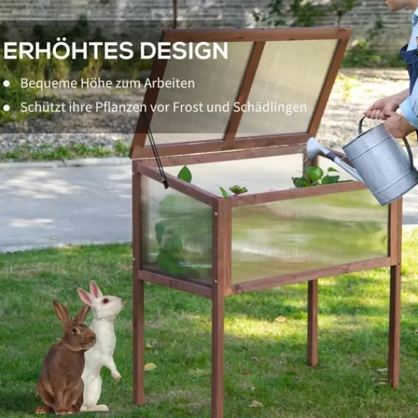 Drivhus^Outsunny højbed i træ, tidligt bed, dyrkningsbord, krydderurtebed, plantekasse til have, altan og terrasse, brun, fyrretræ, PC-plade, 90 x 50 x 93 cm | CDON