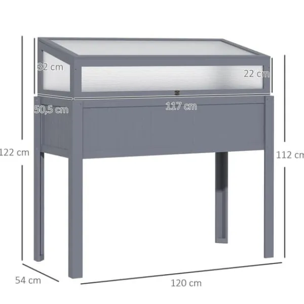 Drivhus^Outsunny Højbed med Drivhus, Grantræ og PC-Plade, Grå, 120x54x112/122cm