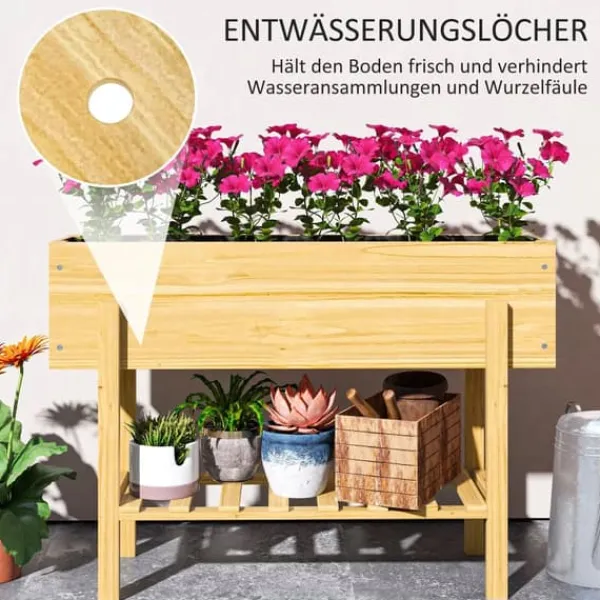 Sale Outsunny Hjbed med Hylde, Krydderurtebed m. Drænhuller, Plantekasse i Fyrretræ, 100x30x70,5 cm Natur Plantningsbænke