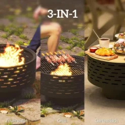 Online Outsunny 3-i-1 bålsted med grillrist og gnistfang i koksgrå rustfrit stål, Ø60x39cm Pejse