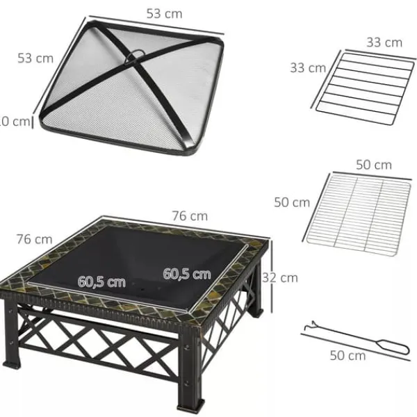 Pejse^Outsunny 3-i-1 Brændes PSkål, Ildkurv, Ildsted med Gnistskærm, Grillrist, Iskøler, Have BBQ Sort 76x76x47cm (Skifer, Stål)