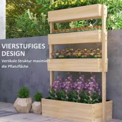 Plantestativer^Outsunny 4-lags hijbed i grantræ - Naturtræ 88.5x45x140 cm - Lodret plantekasse til have og altan