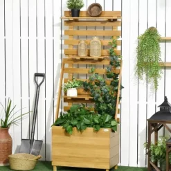Clearance Outsunny Plantekasse HBjbed med Espalier og Hylder - Gran TrB, Brun, 63x39x160cm Plantningsbænke