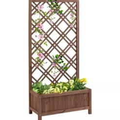 Clearance Outsunny Plantekasse med Espalier, Fyrretræ, Gul, 60x30x122,5cm Plantningsbænke