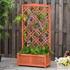 Clearance Outsunny Plantekasse med Espalier, Fyrretræ, Gul, 60x30x122,5cm Plantningsbænke