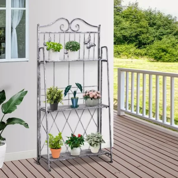 Plantestativer^Outsunny Plantestativ Metal Blomsterstativ med 3 Hylder, Blomstertrappe til Have, Sølvgrå, 44x25x96cm