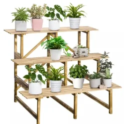 Outlet Outsunny Plantetrappe i fyrretræ, 3 trin, naturfarvet, 100 x 80 x 78cm Plantestativer