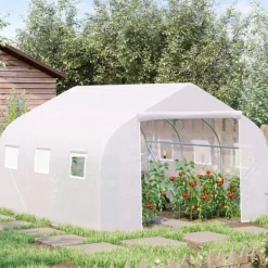 Drivhus^Outsunny Plastdrivhus 3,5x3x3m UV-beskyttelse Tomathus, Mesh-vindue, Vindtæt, til Have & Altan, Metal, Hvid